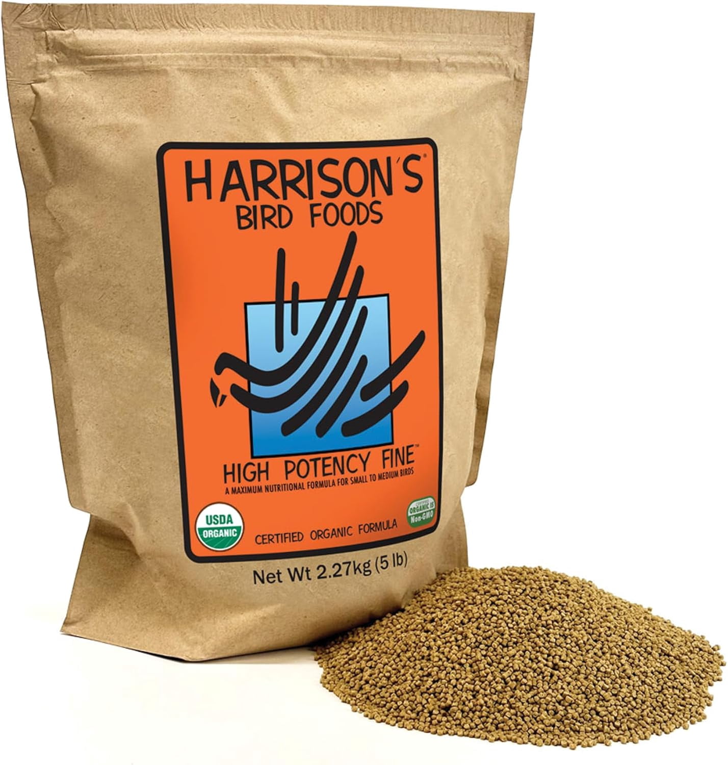 Harrison's Bird Foods High Potency Maximum Nutritional Formula for Small to Medium Birds, Certified Organic Non-GMO Pet Bird Food, Vet-Developed, Suitable for All Life Stages, 2.27 kg/ 5 lb