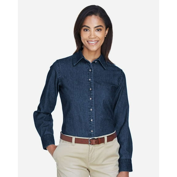 Harriton M550W Women's Long Sleeve Denim Shirt-Dark Denim-2XL