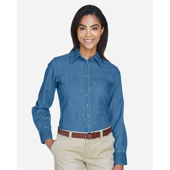 Harriton M550W Women's Long Sleeve Denim Shirt-Light Denim-3XL