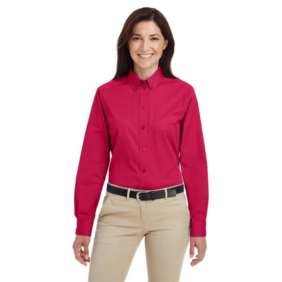 Harriton Foundation 100% Cotton Long-Sleeve Twill Shirt with Teflon (M581W) Red, XS
