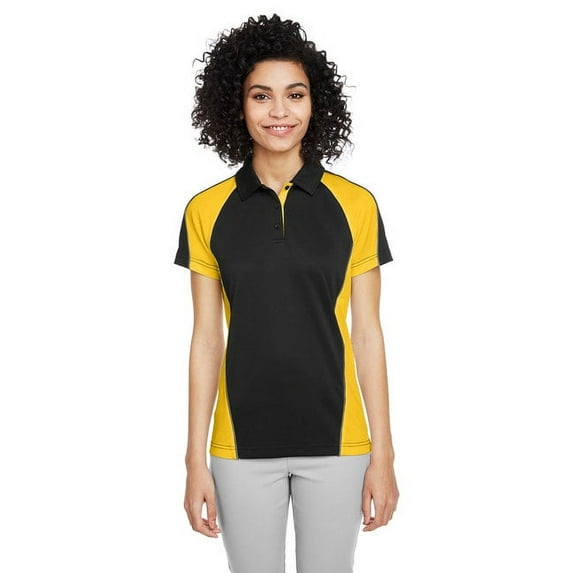 Harriton M385W Women's Advantage Snag Protection Plus IL Colorblock Polo-Black/ Sunray Yellow/ Dark Charcoal-2XL