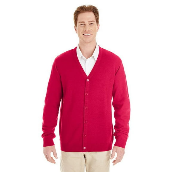 Harriton M425 Men's Pilbloc™ V-Neck Button Cardigan Sweater-Red-XS