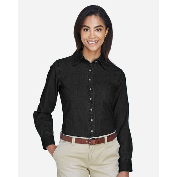 Harriton M550W Women's Long Sleeve Denim Shirt-Washed Black-M