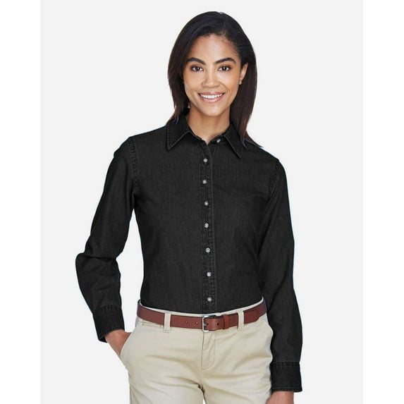 Harriton M550W Women's Long Sleeve Denim Shirt-Washed Black-L