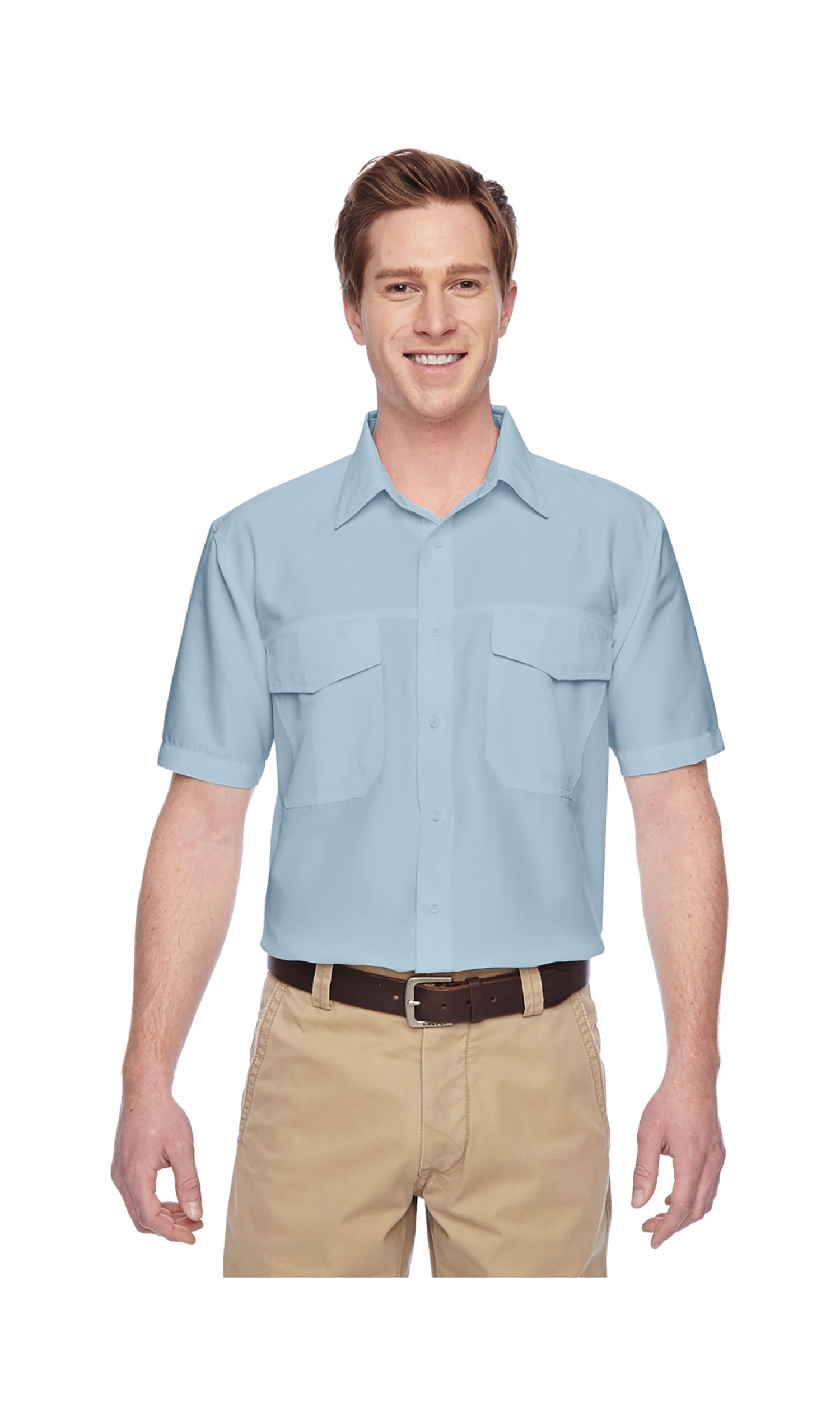 Harriton Men's Key West Performance Staff Shirt - Short Sleeve, Ripstop Polyester, Cloud Blue, Chest Pocket, Vent Back