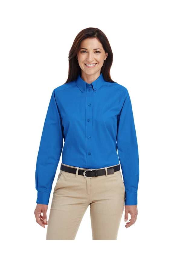 Ladies' Foundation 100% Cotton Short-Sleeve Twill Shirt Teflon, M581W ,FRENCH BLUE, XS