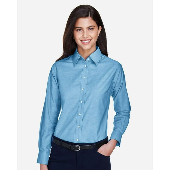 Harriton M600W Women's Long Sleeve Oxford Dress Shirt-Light Blue-M