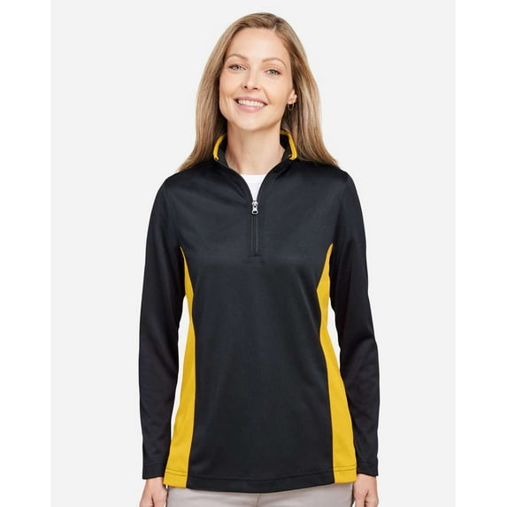 Harriton M786W Women's Flash Snag Protection Plus IL Colorblock Quarter-Zip Pullover-Black/ Sunray Yellow-3XL
