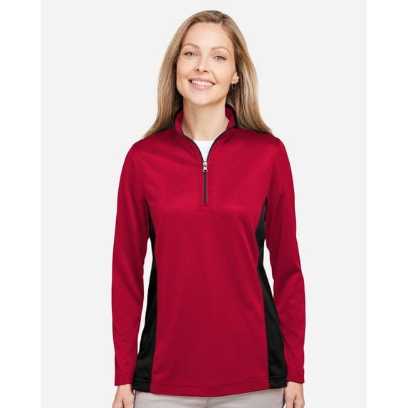 Harriton M786W Women's Flash Snag Protection Plus IL Colorblock Quarter-Zip Pullover-Red/ Black-M