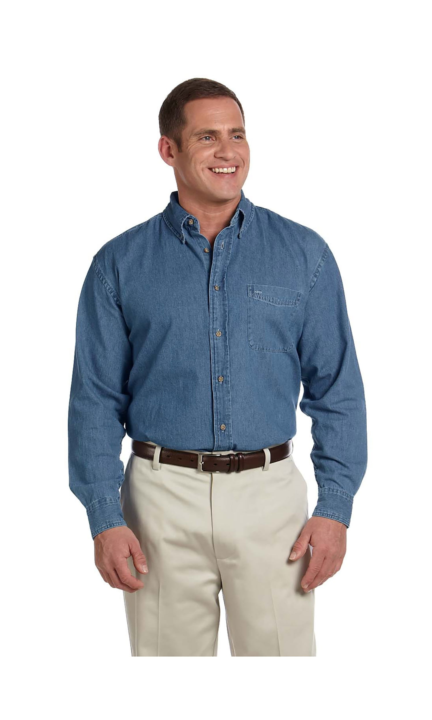 Harriton Men's Stylish Denim Shirt - 100% Cotton Button-Down With Chest Pocket