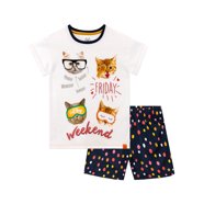 Harry Bear Girls' Sleep Slogan Pyjama Set - Pink Top & Blue Leopard Shorts, Silver Foil Lettering