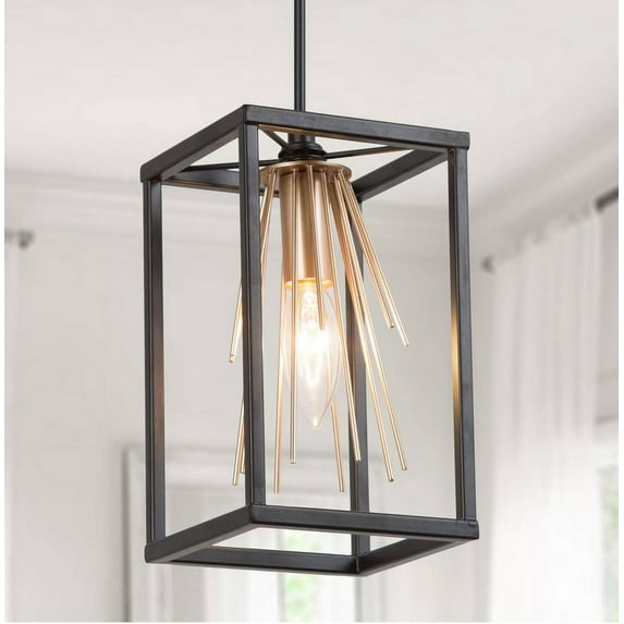 Harry Black Gold Sputnik Pendant Light, Modern Industrial 1-Light Kitchen Island Mini Square Cage Chandelier Lighting