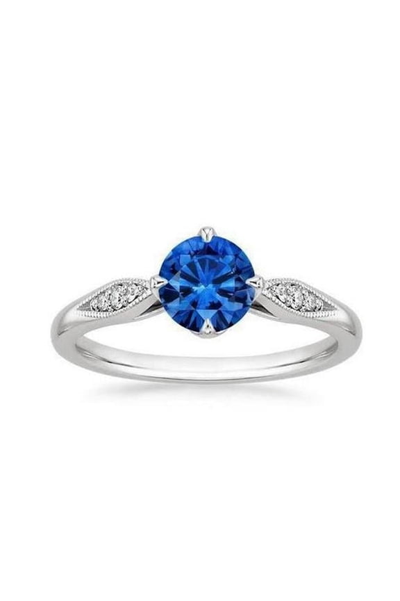 Enterprises 35349 Prong Set 2.40 CT Round Cut Ceylon Sapphire & Diamonds Ring, 14K White Gold - Size 6.5