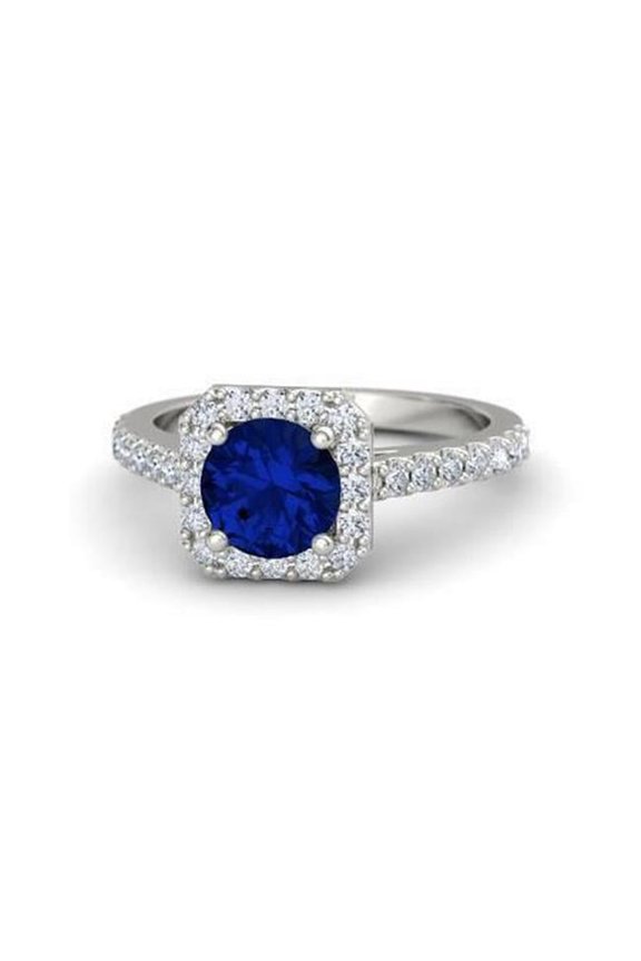 Enterprises 36283 2.70 CT Ceylon Sapphire & Diamonds Halo Ring, 14K White Gold - Size 6.5