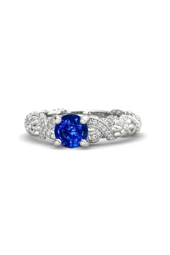 Enterprises 36416 14K White Gold 1.90 CT Round Cut Ceylon Sapphire Diamonds Ring, Size 6.5