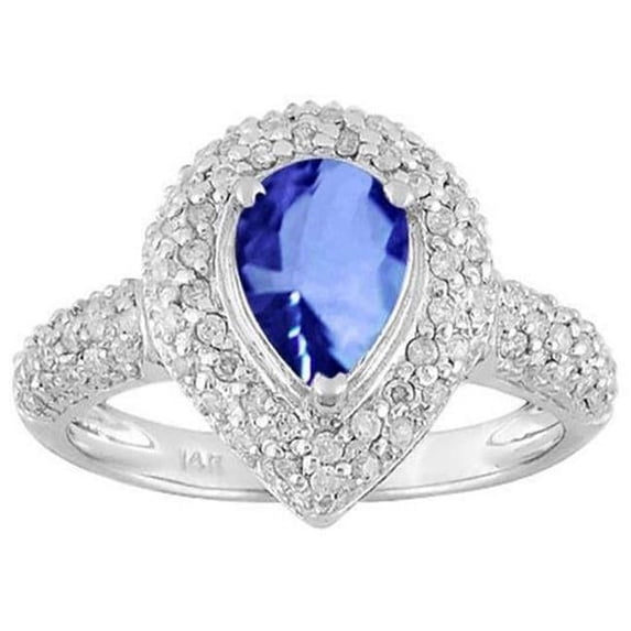 Harry Chad Enterprises 36771 4.40 CT Pear & Round Sri Lankan Blue Sapphire Diamond Ring, 14K White Gold - Size 6.5