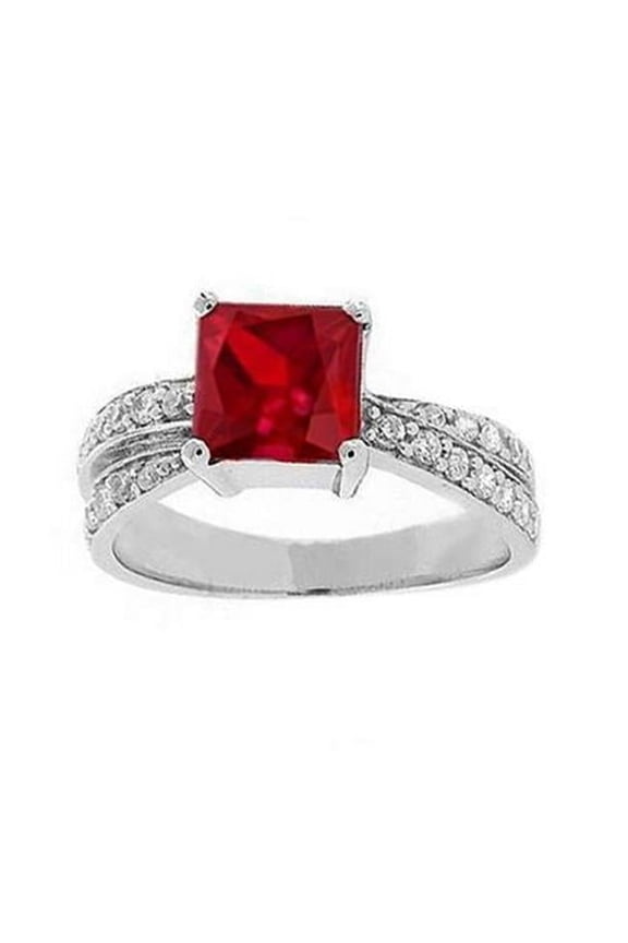 Enterprises 38451 Princess Cut Red Ruby with Diamonds 4.10 CT Ring, 14K White Gold - Size 6.5
