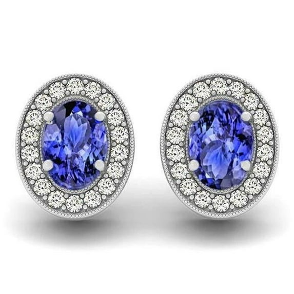 Harry Chad Enterprises 41726 6 CT Halo Blue Tanzanite & Diamond Stud Earrings, 14K White Gold