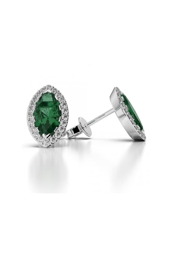Enterprises 42441 3.44 CT Green Emerald with Diamond Stud Halo Earring, 14K White Gold