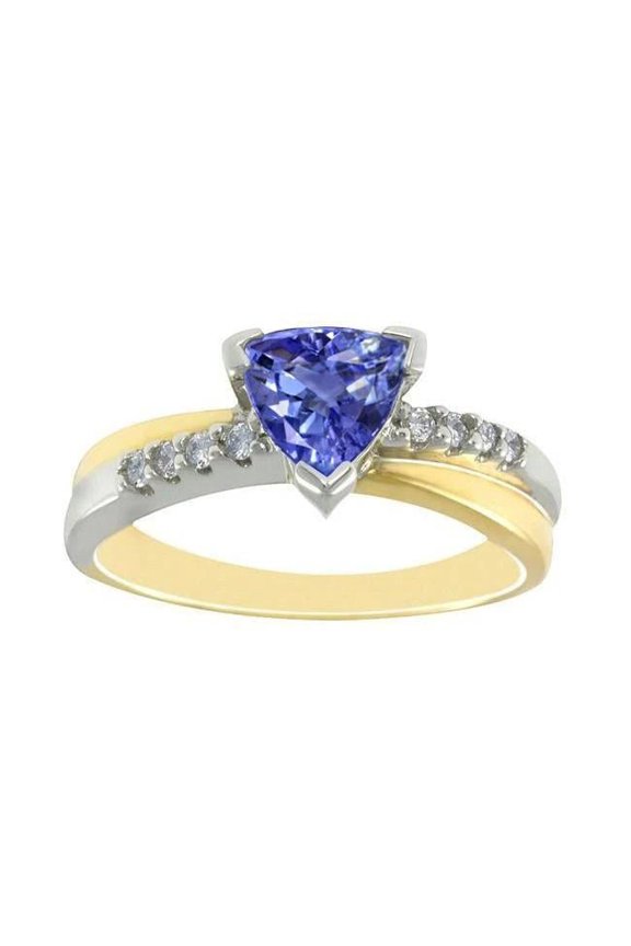 Enterprises 51193 2.60 CT Two Tone Gold Trillion AAA Tanzanite & Round Diamonds Ring, Size 6.5