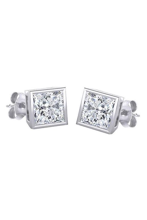Enterprises 52213 1.5 CT Princess Cut Stud Diamond Earring, 14K White Gold