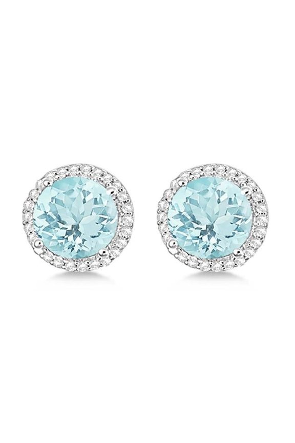 Enterprises 52337 7.52 CT Aquamarine Halo Diamond Stud Earring, 14K White Gold