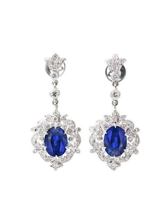 Enterprises 52528 3 CT Ceylon Sapphire Diamond White Gold Womens Dangle Earrings
