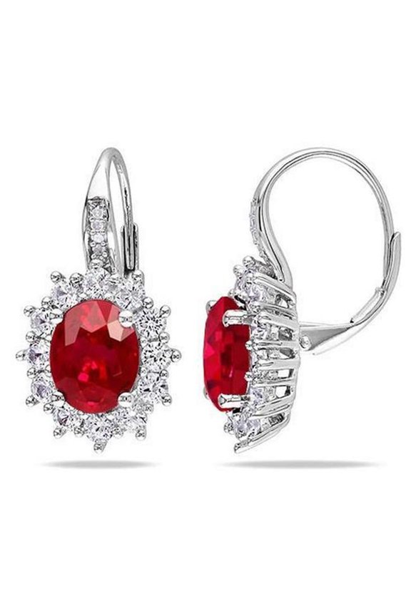 Enterprises 52670 Oval Ruby & Diamonds 7.50 CT Dangle Earrings, 14K White Gold