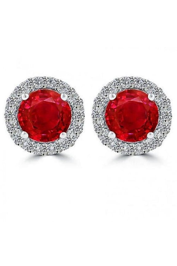 Enterprises 52718 5.60 CT Round Cut White Gold Ruby with Halo Diamond Stud Earrings