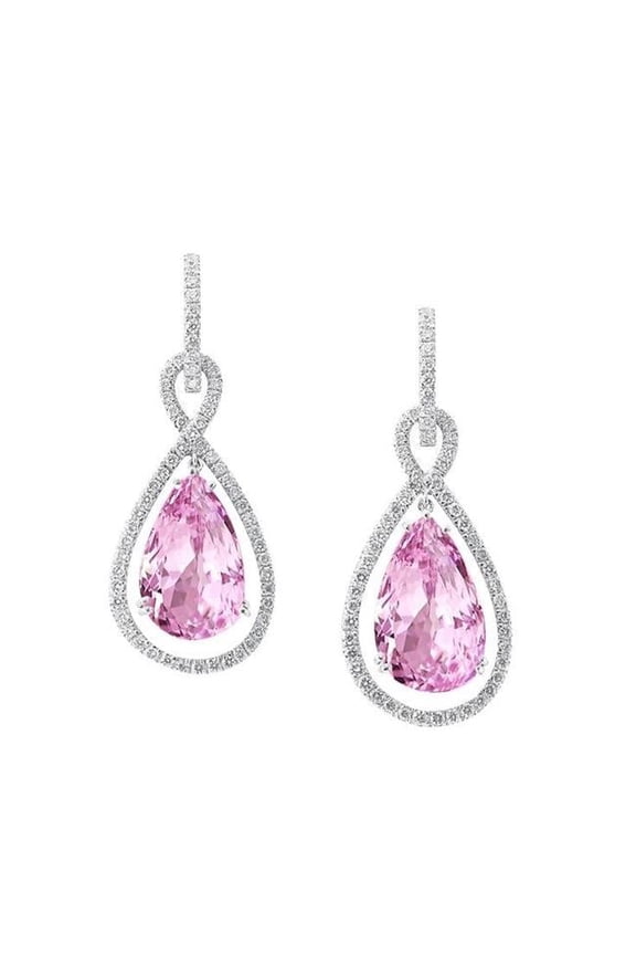 Enterprises 52748 17.14 CT Pink Kunzite & Diamonds Dangle Earrings, 14K White Gold