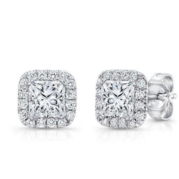 Harry Chad Enterprises 53642 2.32 CT Princess & Round Halo Diamond Stud Earring, 14K White Gold