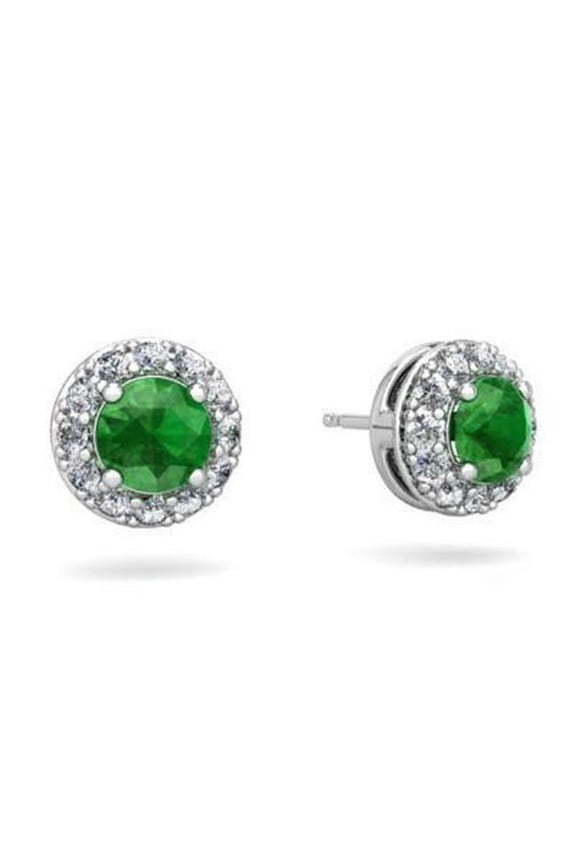Enterprises 54573 Green Emerald & Diamonds 5 CT Halo Stud Earrings, 14K White Gold
