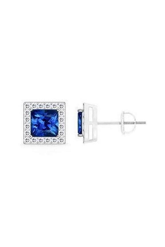 Enterprises 54728 3.30 CT Princess Sri Lanka Blue Sapphire Diamond Stud Earring
