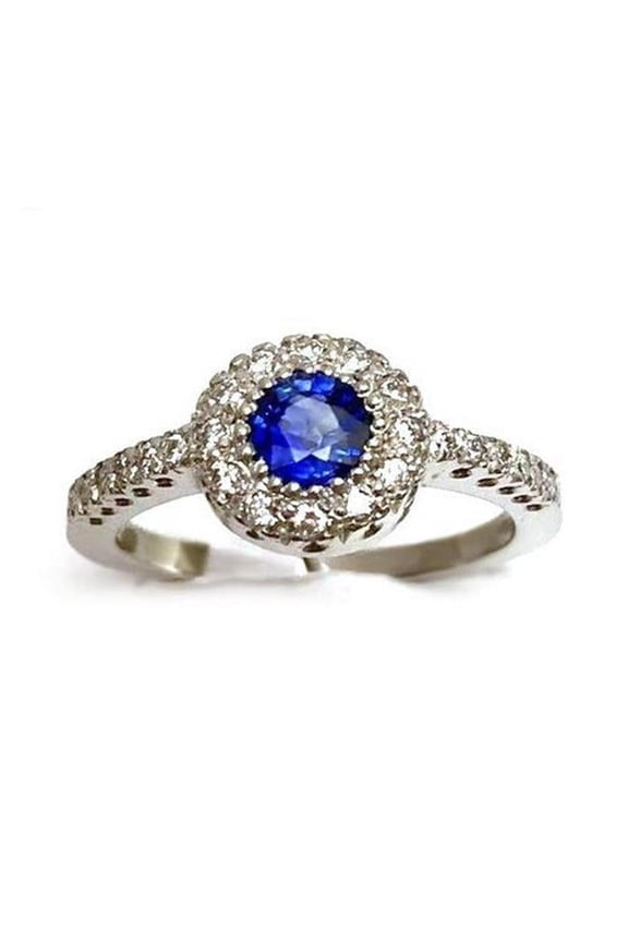 Enterprises 56294 2 CT Round Blue Ceylon Sapphire Diamond Ring, 14K White Gold - Size 6.5