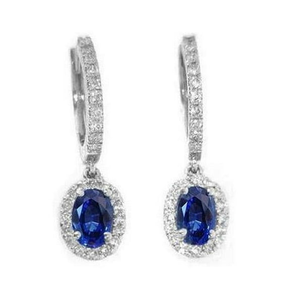 Harry Chad Enterprises 58552 Blue Oval Sapphire & Diamond 3.06 CT Drop Earring, 14K White Gold