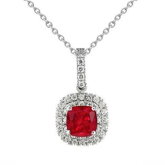 Harry Chad Enterprises 59202 4 CT Red Cushion Shaped Ruby Diamond Pendant, 14K White Gold
