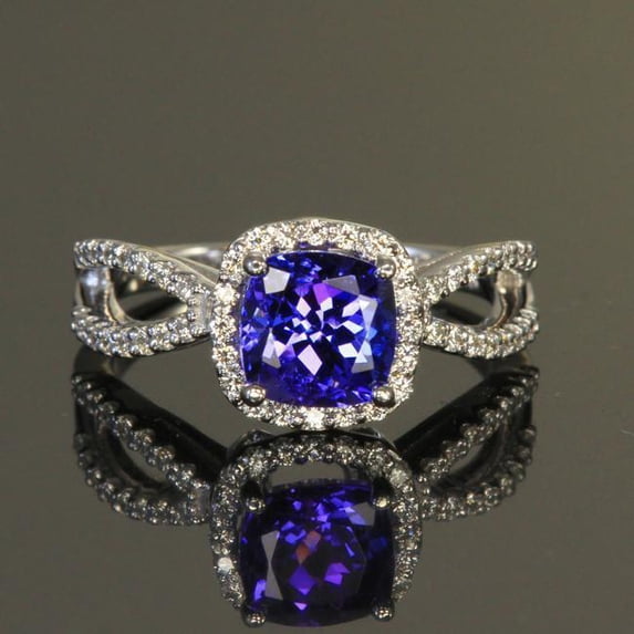 Harry Chad Enterprises 59519 5.50 CT Cushion Blue Tanzanite & Diamond Ring, 14K White Gold - Size 6.5