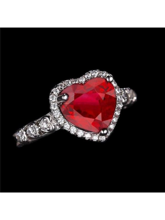 Enterprises 59739 4.5 CT Red Heart Cut Ruby & White Gold Diamond Ring, Size 6.5