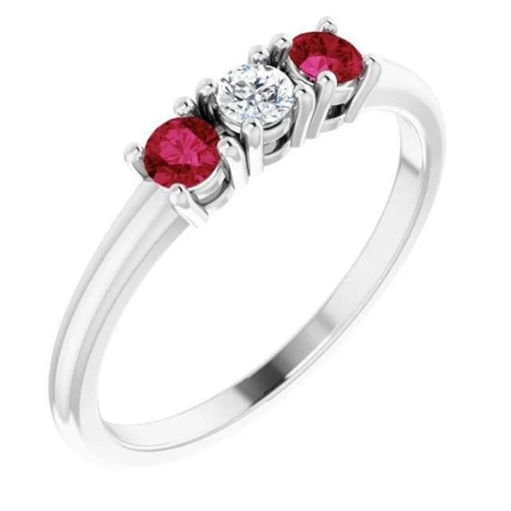 Harry Chad Enterprises 59932 0.60 CT 3 Stone Round Diamond Ruby Ring, 14K White Gold - Size 6.5