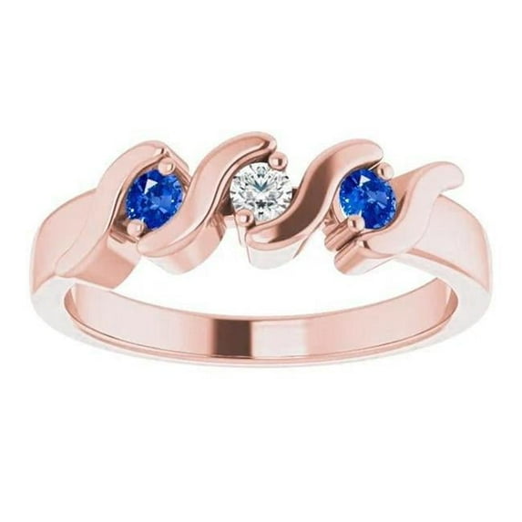 Harry Chad Enterprises 59937 0.30 CT 3 Stone Diamond Blue Sapphire Ring, 14K Rose Gold - Size 6.5