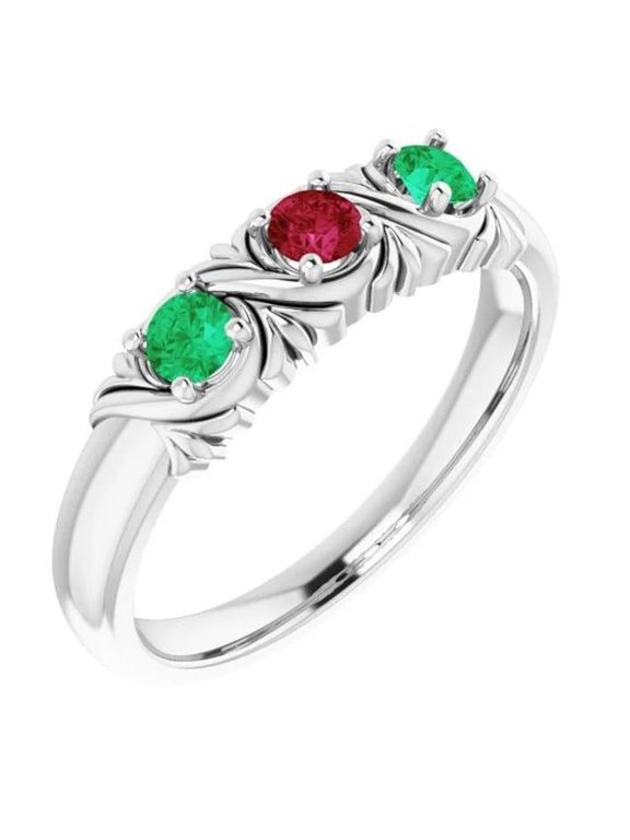 Enterprises 59940 3 Stone 0.60 CT Antique Style Ruby Green Emerald Ring, Size 6.5
