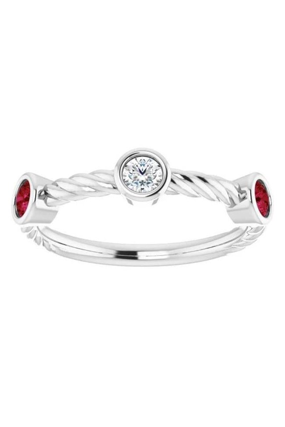 Enterprises 60339 3 Stone Diamond Ruby 0.90 CT Rope Twisted Ring, Size 6.5