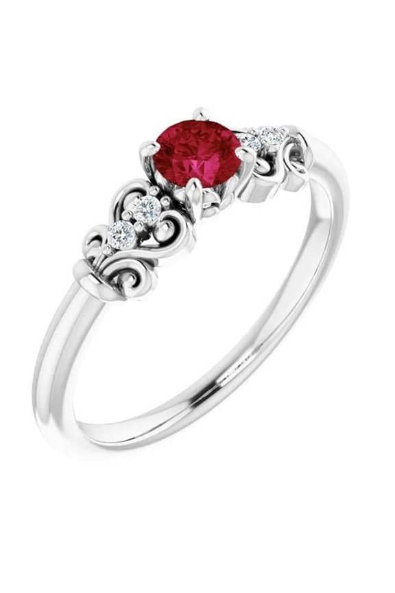 Enterprises 60758 1.40 CT Diamond Round Ruby Fancy Ring, 14K White Gold - Size 6.5
