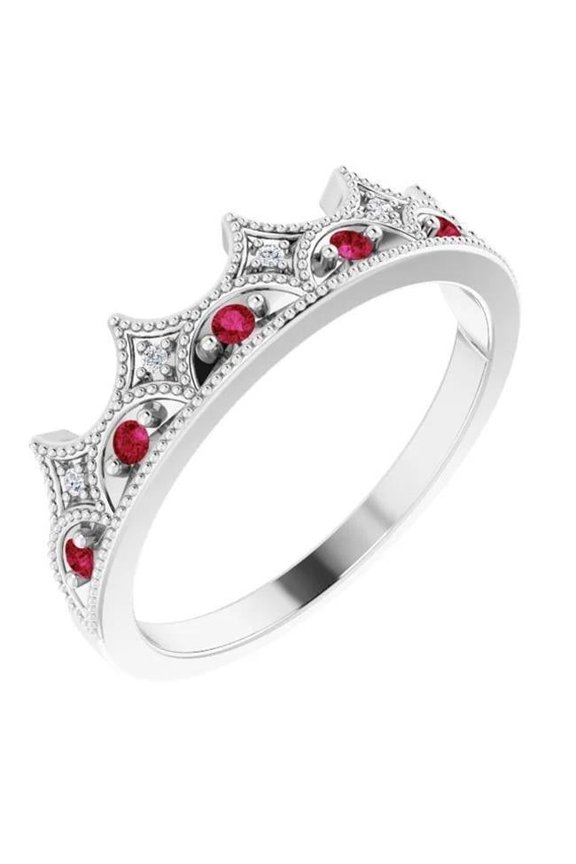 Enterprises 61128 1.40 CT Crown Style Diamond & Ruby Stone 14K White Gold Ring, Size 6.5