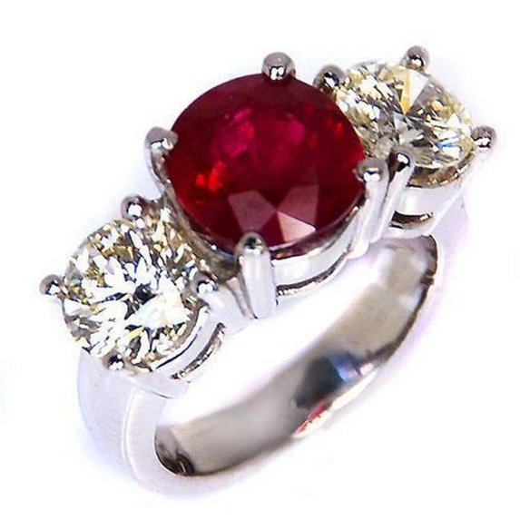 Harry Chad Enterprises 61305 4 CT Ruby & Round Diamond 3 Stone White Gold Lady Ring, Size 6.5