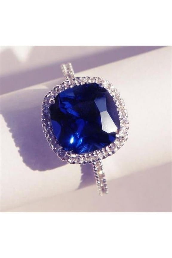 Enterprises 61527 3.50 CT Cushion Cut Ceylon Blue Sapphire Halo Diamond Ring, 14K White Gold - Size 6.5