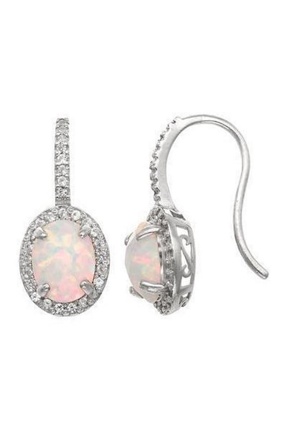 Enterprises 61578 13 CT Prong Set Opal & Diamonds Dangle Earrings, 14K White Gold