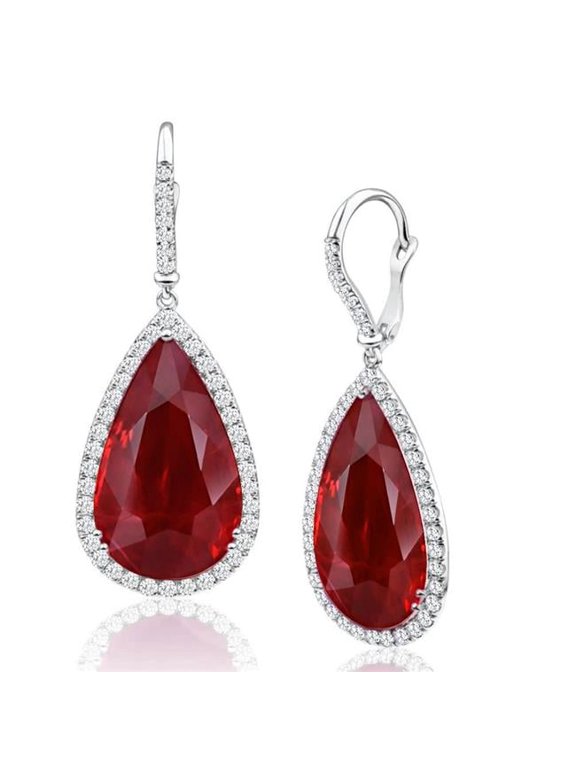 Enterprises 61581 Red Pear Cut Ruby & Diamonds 8 CT Dangle Earrings, 14K White Gold