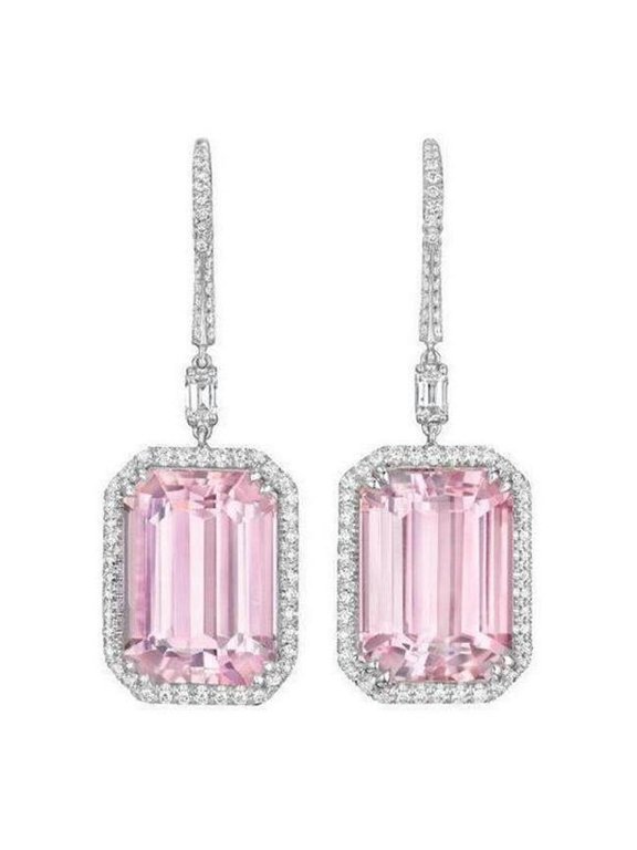 Enterprises 61590 Pink Kunzite & Diamonds 22.50 CT Lady Dangle Earrings, 14K White Gold