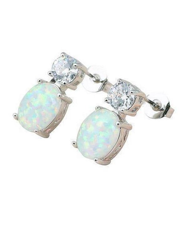 Enterprises 61618 Prong Set 13 CT Opal & Diamonds Stud Earrings, 14K White Gold